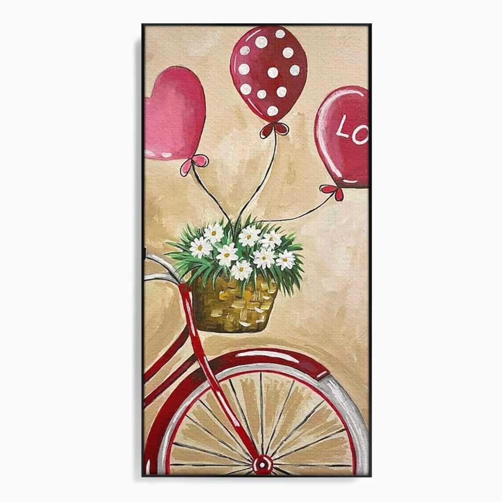 Tablou canvas cu pictura cu bicicleta vintage si baloane, in rama de aluminiu negru
